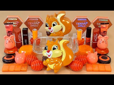 ASMR Slime ORANGE 🧡 Mixing eyeshadow, makeup and glitter into Slime. Relaxing slime video.
