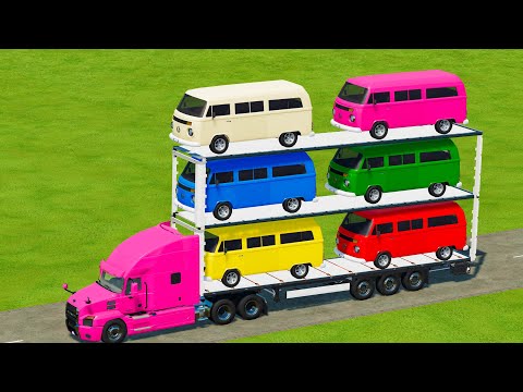 TRANSPORT with COLORS ! MINIBUS CARS TRANSPORTING ! Farming Simulator 22