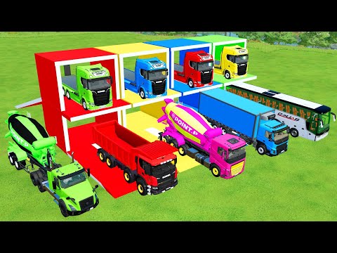 TRANSPORTING EXCAVATOR, DUMP TRUCK, BULLDOZER, POLICE CARS TO GARAGE WITH MAN TRUCK - FS22