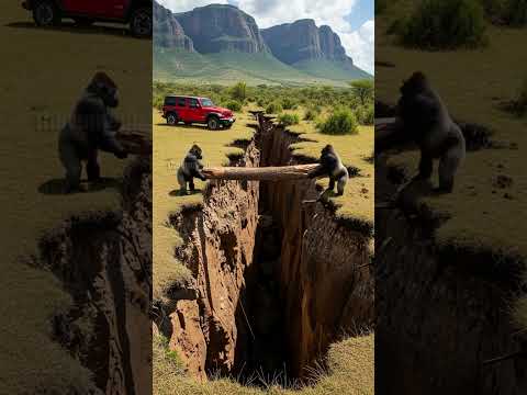 Gorillas help man build a bridge to cross canyon! #animals #gorillas #wildlife