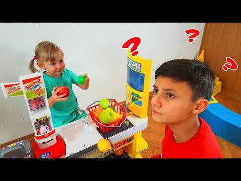Alena and Pasha playing Fruit Store with Fruits and Toys