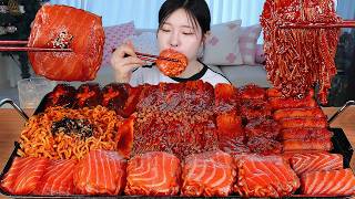 ASMR MUKBANG| 직접 만든 불닭 버섯 연어불닭쌈 소세지 먹방 & 레시피 SPICY MUSHROOMS AND FIRE NOODLES EATING