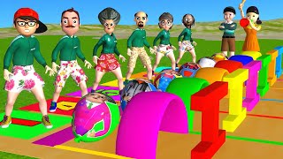 Scary Teacher 3D vs Squid Game Fast Running Tunnel Tire vs Hurdles 100M Challenge Who Faster