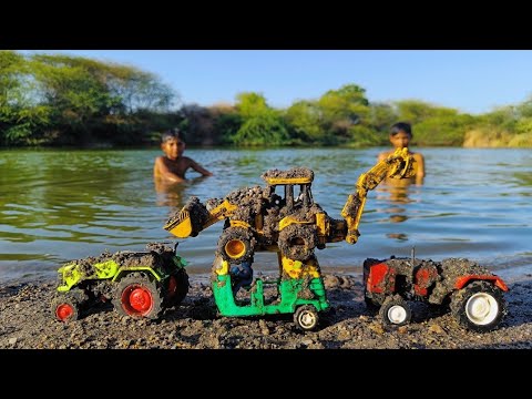 Muddy Tractor And Auto Rickshaw Help Jcb And Water Jump Muddy Cleaning | Tractor Video | Muddy toys