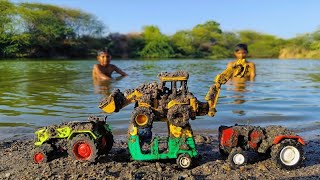 Muddy Tractor And Auto Rickshaw Help Jcb And Water Jump Muddy Cleaning | Tractor Video | Muddy toys