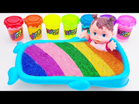 Satisfying Video | DIY How to Make Rainbow Mixing Glitter Slime in Color Baby Pool Cutting Show ASMR