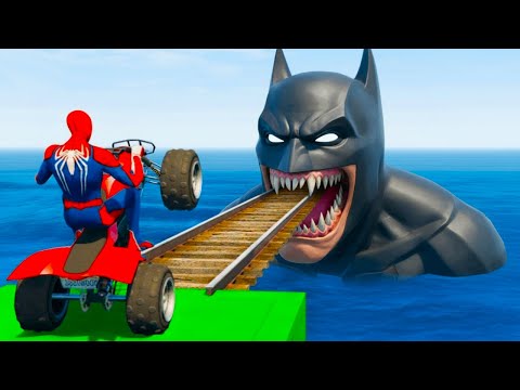 سبايدر مان اصعب دراجة نارية فوق اسماك القرش - Superheroes Ride on Motorcycle Stunt Funny Moments??