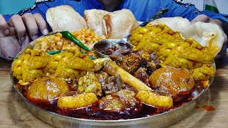Fatty Foods - Oily Dal Fry, Mutton Fat Curry & Mutton Curry Puri Eating | Best Mutton Recipe Eating