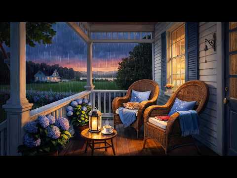 Soothing Summer Rain on the Porch with Soft Distant Thunder - Summer Rain Ambience for Relax & Sleep