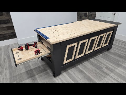 Homemade workbench with pull out Tool Tray (Storage, Bench dog holes & more)