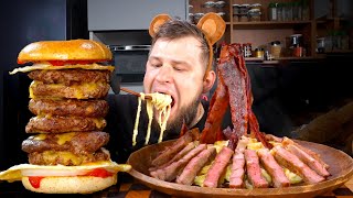 MEGA BURGER TOWER, CREAMY SPAGHETTI WITH STEAK, ASMR MUKBANG, АСМР МУКБАНГ, 먹방, 大食い, たべる, 谢尔盖