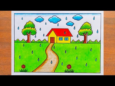 Rainy Season Drawing / How to Draw Rainy Day Drawing Easy Step By Step / Rainy Day Drawing