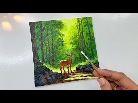 How to paint a deer in forest/ Acrylic painting for beginners