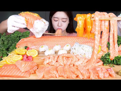 ASMR MUKBANG | 연어쿨탐! 통연어 내맘대로 썰어먹기 ☆ 연어회 연어국수 연어초밥! 불닭마요, 크림소스 먹방 Salmon Raw Salmon 🐟 Salmon Noodles