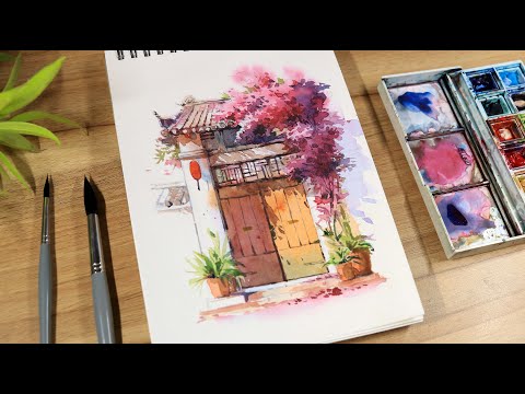 Watercolor painting of beautiful flower tree and simple door