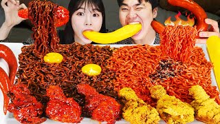 ASMR MUKBANG| 직접 만든 불닭볶음면 양념치킨 소세지 먹방 & 레시피 SAUSAGES AND FIRE NOODLES EATING