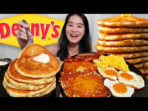 Eating Denny's Grand Slam Pack! Fluffy Buttermilk Pancakes, Cheesy Hash Browns, Bacon - Mukbang ASMR