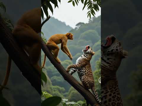 OMG! 😱 Monkey vs Leopard Battle on Tree 🐒🐆 斧を持つ猿 やばい!😱 बंदर और चीता#shorts #wildlife #monkey
