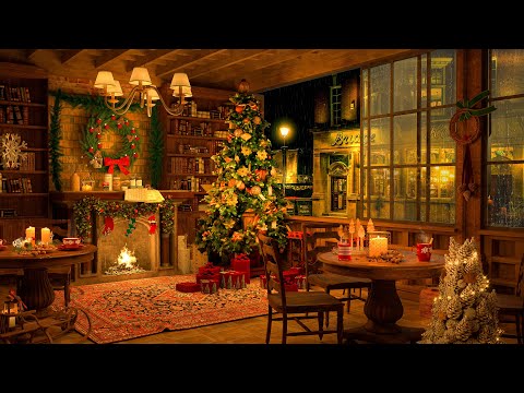 4K Winter Fireplace Coffee Shop with Jazz Music 🎅 Background Instrumental to Relax, Study, Work