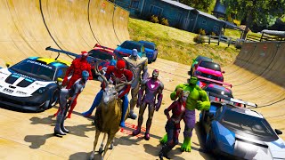 Hulk Spiderman on the express ramp Cars Challenge Super heroes !Железный Человек и Спайдер Гонка !