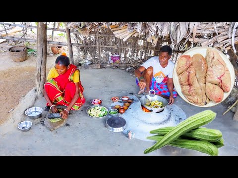 RIDGE GOURD & FISH EGG CURRY cooking and eating by santali tribe old couple