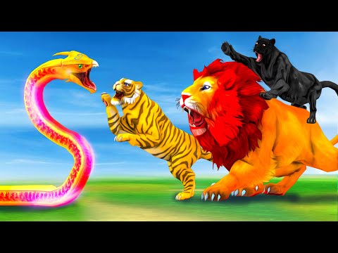 जंगल का राजा शेर ब्लैक पैंथर बाघ और दुष्ट सांप की लड़ाई Jungle Ka Raja Sher Bagh Black Panther Snake