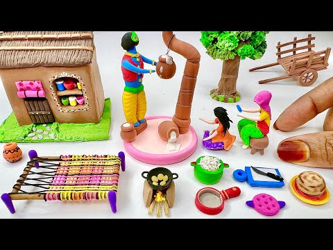 Diy How to make Polymer Clay Miniature House, Kitchen set, Doll Milkman, Tree, Charpai | clay house