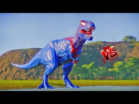 SuperHero Team Blue Spiderman vs Spider-Man Battle in Jurassic World Pink Spinosaurus vs T-Rex