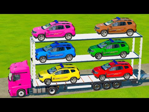 POLICE CARS OF COLORS ! POLICE CARS TRANSPORTING with COLORED TRUCKS ! Farming Simulator 22