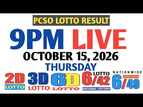 Lotto Result Today 9pm Thursday pcso 2d 3d swertres ez2 October 15 2026 6d 6/42 6/<strong>49</strong>