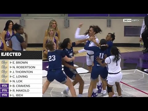8 EJECTED In BRAWL Caused By Hair Pull Between TCU Horned Frogs & George Washington Colonials!