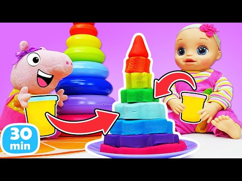 Jeux de couleurs avec la poupée Baby Alive et Peppa Pig en jouet. Play-Doh et une pyramide colorée