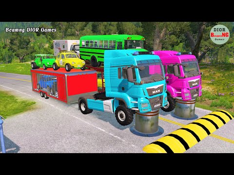 Double Flatbed Trailer Truck vs speed bumps|Busses vs speed bumps|Beamng Drive|947