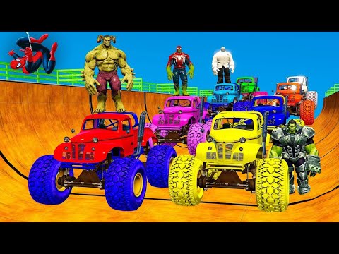 Colored Spiderman & Super Heroes driving Super Cars & Big Trucks in long race track