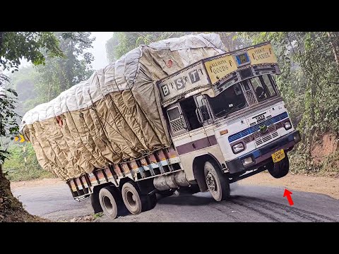 Heavy Loaded Truck 10 Tyre Lorry Front Wheels Up in the Air - Amazing Indian Truck Driver Driving