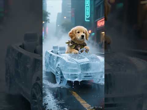 The little yellow dog made a car out of ice.
