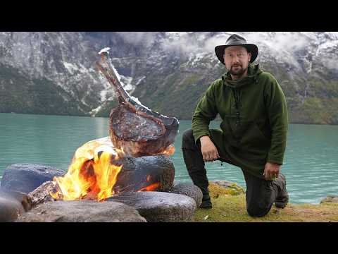 FROZEN Tomahawk Steak grilled to perfection on a HOT STONE | ASMR Wild Cooking 4K