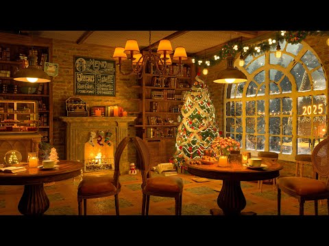 4K Snowy Night at Christmas Coffee Shop Ambience 🎄 Smooth Jazz Music to Relax/Study/Work to