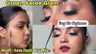Easy Green Saree Makeup Tutorial | Navratri, Karwa Chauth & Durga Puja Glam 