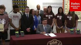 YouTube video thumbnail: Illinois Gov. JB Pritzker Takes Questions After Signing Bill to ban Cell Phones in Schools