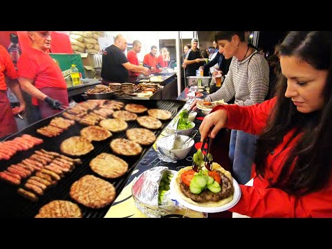 Balkans Street Food. Huge Grills of Burgers and Sausages. Pljeskavica and Cevapcici