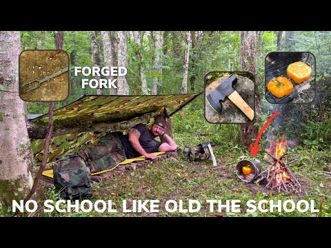 Solo Overnight Staying Dry in a Poncho Shelter During a Rainstorm and a DIY Bushcraft Oven Omelet.