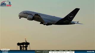 Lufthansa A388 Taking Off from Runway 33L at Boston Logan to MUN at sunset takeoff