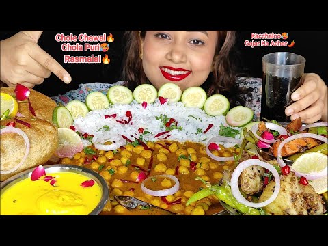 UNCUT MUKBANG‼️😉EATING CHOLE CHAWAL🥵PURI😋RASMALAI🔥KACHALOO🌶GAJAR KA ACHAR🥵ll MUKBANG+ ASMR🤤😋