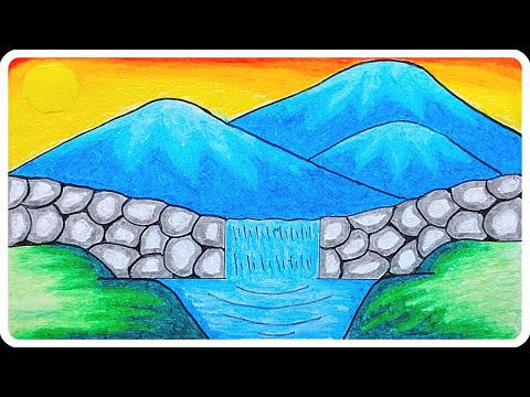 Scenery Drawing | How To Draw Easy Mountain and Waterfall Scenery Step by Step With Oil Pastels