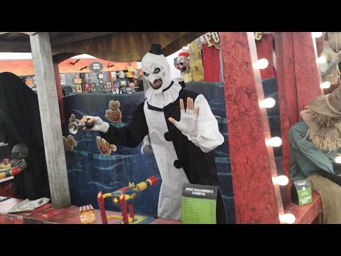 Spirit Halloween Store 2024 more Animatronics Bismarck ND Dark Princess Art the clown, boxes, decor