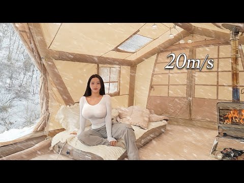 Camping in Snow with 2-Room Inflatable Tent | Wood Stove ASMR