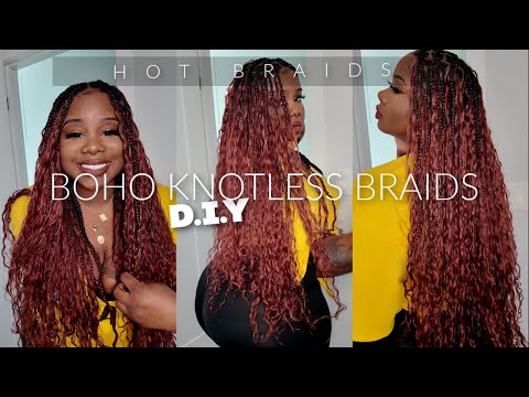 ♡ D.I.Y Dark Auburn Boho Knotless Braids ft. #HotBraids