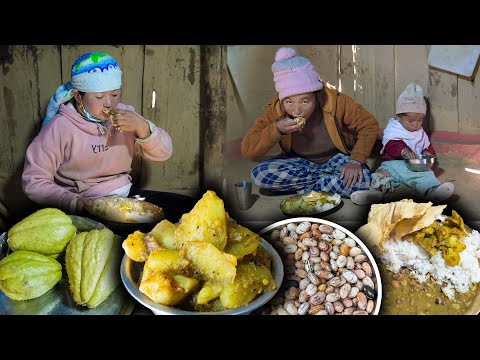 Squash Fry Recipe, Papad & Big beans Lentils with Rice Cooking & eating || Nepali Village Vlog