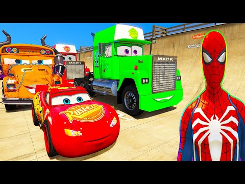 SPIDERMAN McQueen CARS Vs MACK Truck MEGA Ramp ! SUPERHEROES HULK Goku Disney Car Stunt Race - GTA V